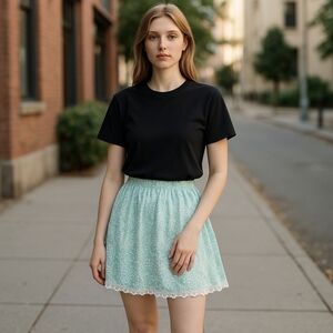 Zara Lace Mini Skirt – Mint Green, Floral Overlay, Scalloped Hem – Y2K XS EUC